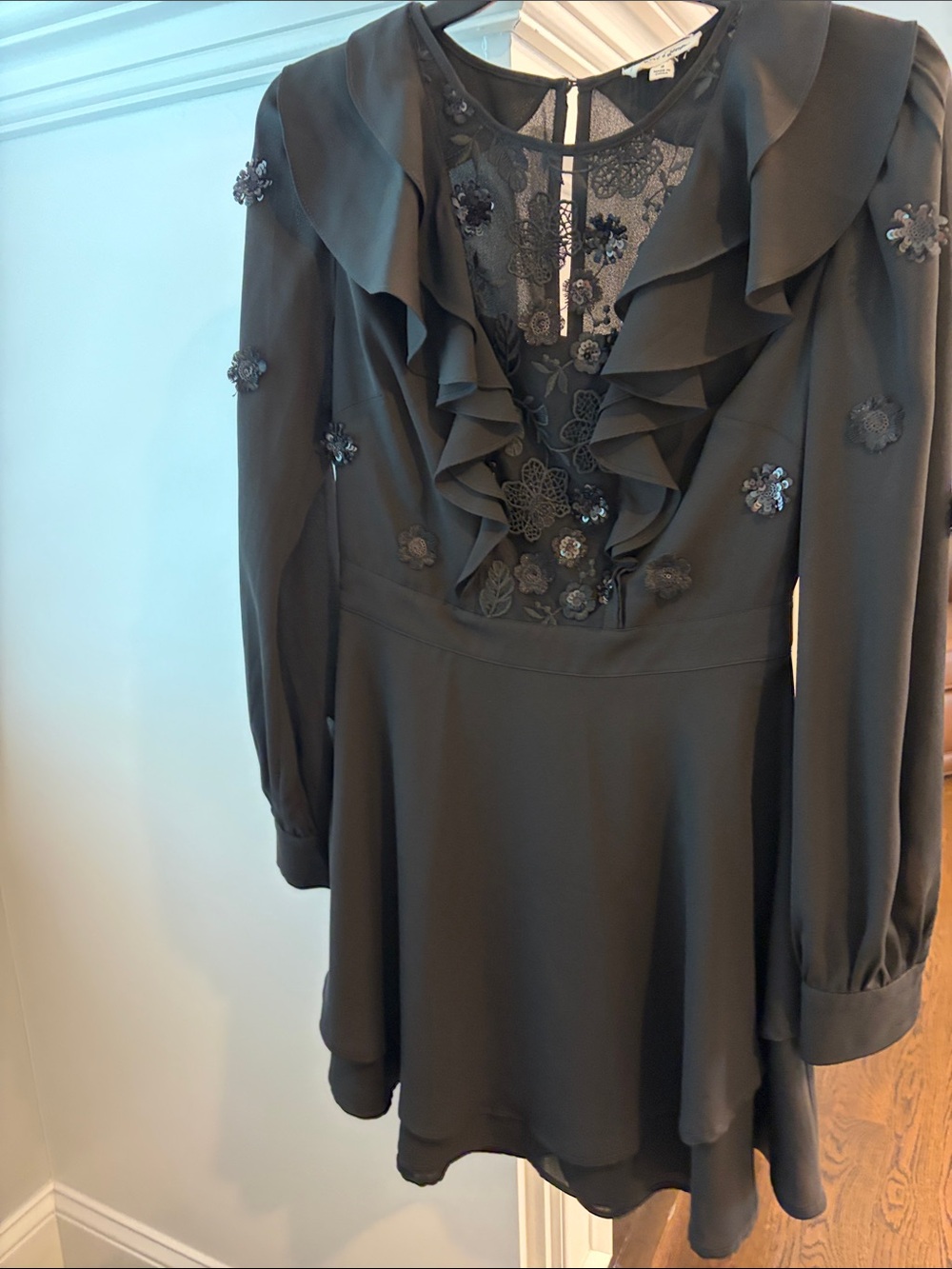 For Love And Lemons Black Ruffled Lace-Trim Long Sleeve Mini Dress